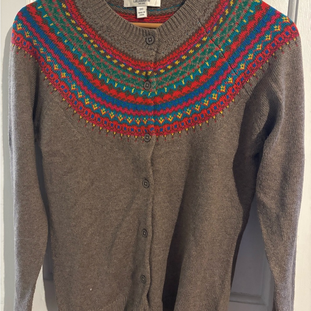 Liz Claiborne Brown Cardigan with Red and Green Pattern